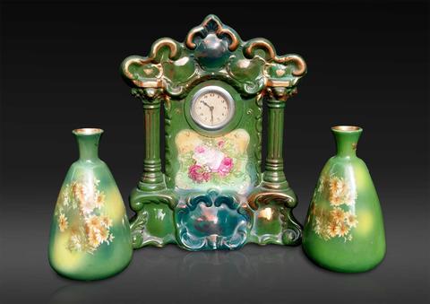 Porcelain Garniture Set comprising Rococo Style Clock with matching vases